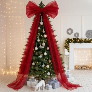 Imagem de HunnmingRe Arco de árvore de Natal extragrande 177,8 cm x 91,4 cm vermelho gigante arco de árvore grande arco de tule guirlanda de Natal com serpentinas longas para casa, festa, casamento, carro