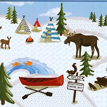 Imagem de CONCORD WALLCOVERINGS Papel de parede infantil borda natureza padrão acampamento inverno animais selvagens para sala de jogos, quarto de bebê, azul, branco, verde, laranja, 4,5 m por 45,7 cm LK8201BD