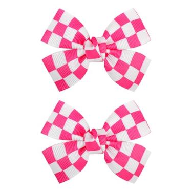 Imagem de YanJie 2 peças de laços de cabelo xadrez de 7,6 cm para meninas, rosa choque e branco, acessórios para o dia das corridas, acessórios femininos com clipe de laço, roupa quadriculada