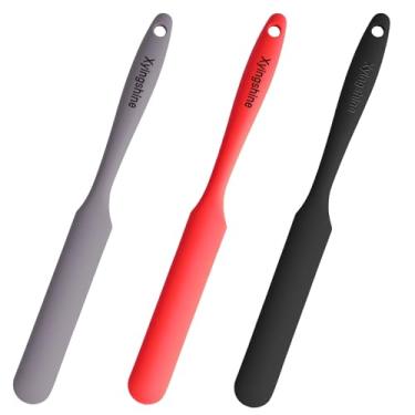 Imagem de Xyingshine Espátula de pote preta, vermelha e cinza claro, 3 peças, espátulas de silicone resistentes ao calor com cabo longo
