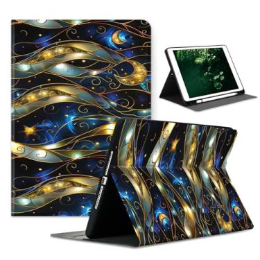 Imagem de Compatível com iPad 9ª geração (2021)/8ª geração (2020)/7ª geração (2019) 10,2 polegadas com porta-lápis, capa de proteção automática para despertar/hibernar, efeito de vitral, lua estrelas