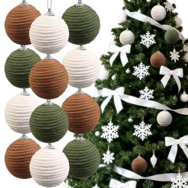 Imagem de 12 peças de enfeites de bola de Natal de 5 cm, corda de juta boho, decoração de bolas de Natal, enfeites para árvore de Natal, férias, grinalda, casamento, decoração de casa (verde, bege, marrom claro