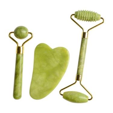 Imagem de Conjunto Jade Beauty de 3 peças: rolo, rolo canelado e Gua Sha - Genér