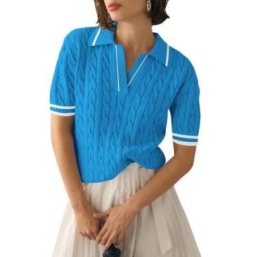 Imagem de Suéter Micoson Summer de manga curta com decote em V feminino azul bra