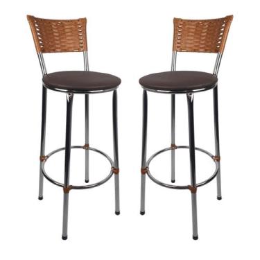 Imagem de KIT 2 Banquetas Alta Cromada Junco IMBUIA Cozinha Balcão Bancada - ESP