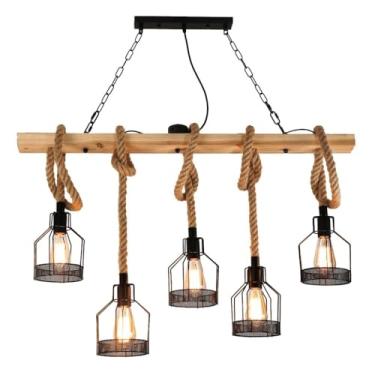 Imagem de Lustre de madeira vintage estilo industrial rústico luminária pendente para mesa de jantar ilha de cozinha restaurante bar lâmpada de teto retrô artesanal com 5 luzes