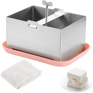 Imagem de Kit de prensa de tofu de aço inoxidável, molde ajustável para fazer tofu com toalha prensadora e bandeja coletora, máquina para fazer queijos de tofu caseiros firmes (G)