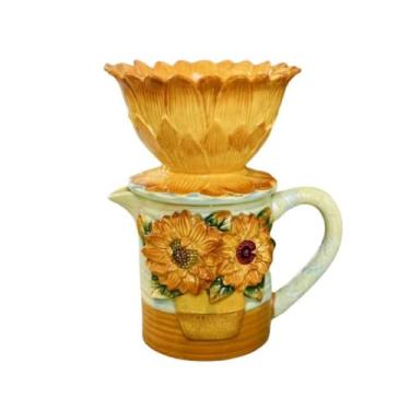 Imagem de FORLONG Conjunto de cafeteira e coador de café VanGogh amarelo pintado à mão em cerâmica com girassol VanGogh