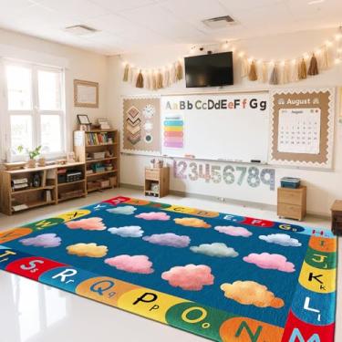 Imagem de AQQA Tapetes para sala de aula, tapete infantil com nuvens coloridas de 1,8 x 1,5 m, com suporte de borracha, tapete educacional para quarto de crianças, sala de aula infantil para ensino e sala de