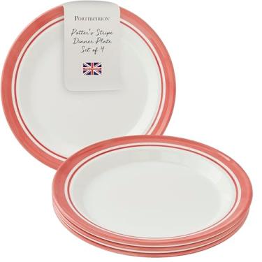 Imagem de Portmeirion Prato de jantar listrado Potter (conjunto de 4) - pratos de barro empilháveis de 26 cm - seguro para micro-ondas e lava-louças, louça feita à mão para mesas casuais e formais (listras