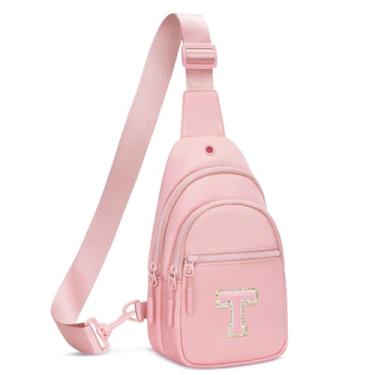 Imagem de CLOUDWINGS Bolsa transversal com inicial pequena para meninas e mulheres, pochete personalizada, presente de aniversário, rosa, T