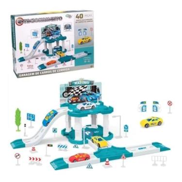 Imagem de Pista de Carros de Corrida Infantil, 40 Peças, Garagem com Múltiplos Níveis e Rampas, Turquesa e Branco, para Crianças 3+ Anos