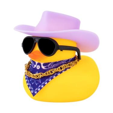 Imagem de wonuu Decoração de painel de carro chapéu de cowboy pato de borracha, ornamentos de patos de carro com mini chapéu colorido colar lenço de sol (roxo)