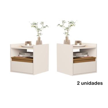 Imagem de Kit 2 Mesas de Cabeceira suspensa com porta basculante Michele Cor Off white / Nature - Comprar Moveis em Casa