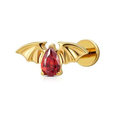Imagem de FINE4U Brinco de cartilagem de asas de morcego de Halloween dourado para tragus helix concha 18G 6 mm 8 mm - ASTM F136 titânio hipoalergênico vampiro piercing joia (zircônia vermelha)