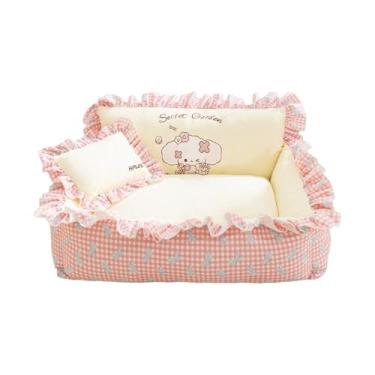 Imagem de KiBcsLic Cama para cachorro, sofá, pet lounge, macio, confortável, antiderrapante, sofá para cães e gatos com travesseiro para todas as raças, gatos de, M Pink Plaid
