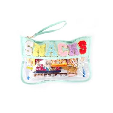 Imagem de Bolsa de lanche para viagem, bolsa de zíper de letras transparentes, bolsa de maquiagem de nylon impermeável com remendo preppy para maquiagem, sacolas cosméticas para mulheres - verde