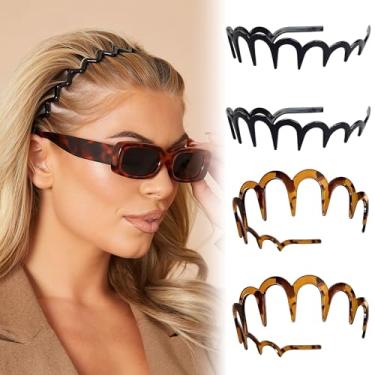 Imagem de Bandanas onduladas com dentes – 4 faixas de cabelo de plástico em âmbar e preto, design de pente antiderrapante para estilo diário