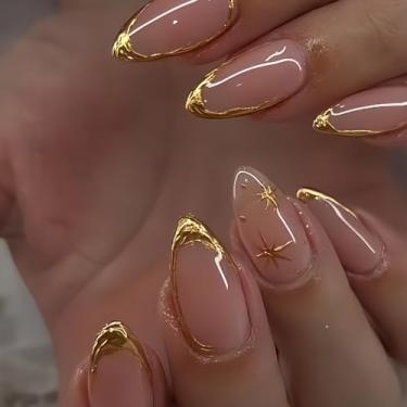 Imagem de 24 peças de unhas postiças curtas de amêndoa unhas postiças douradas com molduras douradas design brilhante cobertura completa cola no prego DIY acrílico bastão na unha para mulheres, kit de decoração