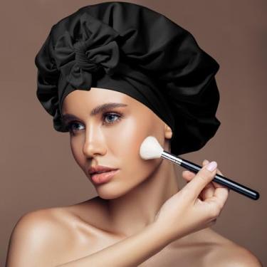 Imagem de Touca de cabelo de cetim de seda para dormir à noite, chapéu com faixa de amarrar, gorro preto com envoltório de cabeça (preto)