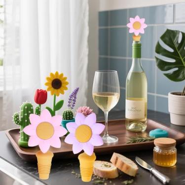 Imagem de Rolhas de vinho de silicone fofas em forma de flor, pacote com 3/4, vedação hermética, ajuste universal, garrafas de 16-25 mm, para decoração de cozinha e bar