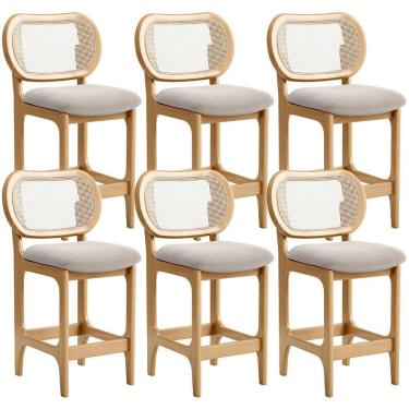 Imagem de Kit 6 Banquetas Baixa Bar Cozinha Sala De Jantar Betta L02 Mel Tela Bouclê Creme - Lyam Decor