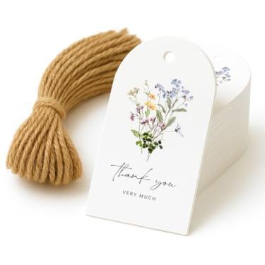 Imagem de 50 etiquetas de presente de agradecimento com cordão anexado, pequenas etiquetas de agradecimento por comemorar conosco para presentes e lembrancinhas de festa personalizadas - chá de bebê, casamento