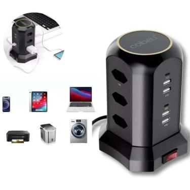 Imagem de Torre De Tomadas Usb Preta 8 Entradas E Carregador Rápido