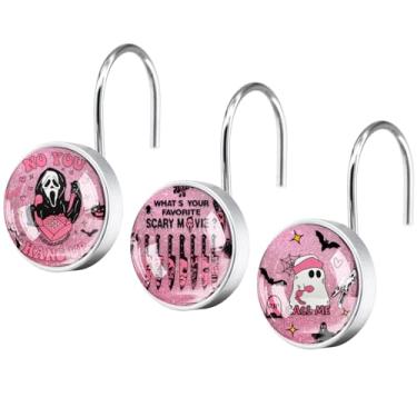 Imagem de 12 ganchos de cortina de chuveiro inspirados no rosto de terror gótico – anéis decorativos redondos para banheiro – superfície de vidro à prova de ferrugem de aço inoxidável para decoração temática