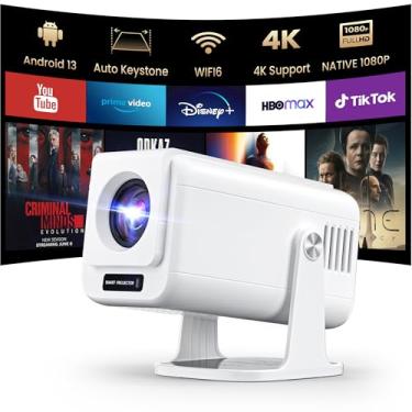 Imagem de Mini projetor 4K com WiFi e Bluetooth, aplicativo integrado com rotação de 270°, Keystone vertical automático e zoom, alto-falante de 5 W, proyector de filmes ao ar livre portátil 1080p nativo, branco