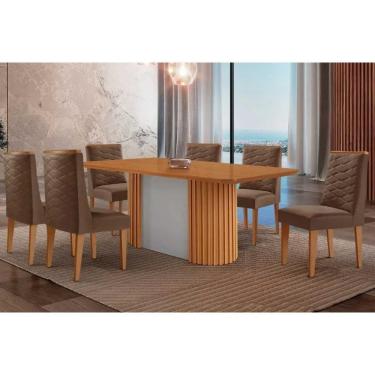 Imagem de Conjunto Sala de Jantar Pilar c/ Tampo Madeirado Canto Curvo 180x90cm e 6 Cadeiras Dafne Madeira Maciça Naturale/Off White - Capuccino/Suede Marrom-Ru