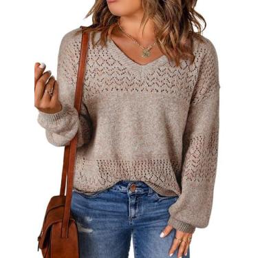 Imagem de Suéter feminino Eytino plus size com decote em V, malha de crochê, 1x 