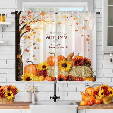 Imagem de TOLTUQE Conjunto de 2 painéis de cortinas de cozinha de outono, estampa de palheiro de girassol de abóbora de ação de graças, cortinas de janela de folha de bordo para decoração de casa, cortinas