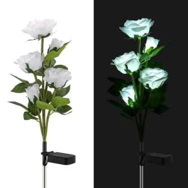 Imagem de Kit Com 6 Luminárias Solares Externas Em Formato De Flor Com 30 Rosas Artificiais Impermeáveis ​​e Reais, Iluminação Decorativa Para Jardim, Pátio, Quintal, Gramado, Caminho E Quintal(White)