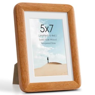 Imagem de Acovy Porta-retrato 12 x 18 cm, moldura de madeira teca sólida com tapete para fotos de 10 x 15 cm, moldura de madeira de canto arredondado com vidro temperado, 12 x 18 cm, para pendurar na parede ou