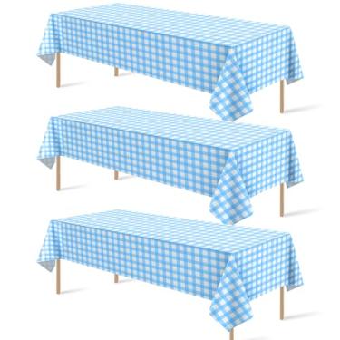 Imagem de Pacote com 3 toalhas de mesa de plástico azul claro e branco, toalha de mesa xadrez xadrez azul claro decorativa premium para festa, toalha de mesa retangular para piquenique na fazenda, aniversário