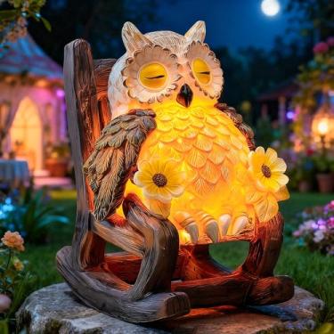Imagem de LIULO TOOL Escultura de jardim de coruja iluminada na cadeira, coruja movida a energia solar de LED deitada na cadeira de centro de mesa, estátua fofa para decoração de coleção de lareira ao ar livre