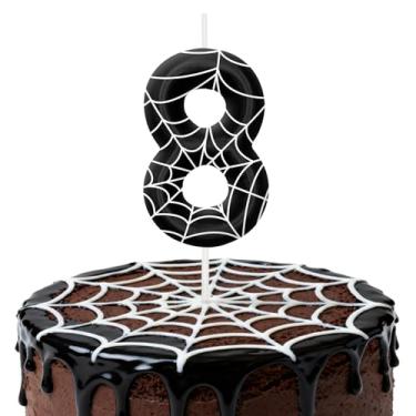 Imagem de Velas de aniversário pretas e brancas para bolo, velas número 8, decorações de aniversário, suprimentos de festa, topo de bolo de teia de aranha para decoração de festa temática para meninos e meninas