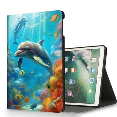 Imagem de RUUHLJLET Capa para iPad 6ª/5ª geração (2018/2017) Capa para iPad de 9,7 polegadas, despertar/hibernar automaticamente, capa protetora com suporte ajustável para Apple iPad 9,7 polegadas - Golfinhos