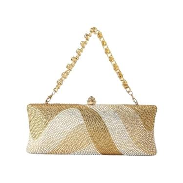 Imagem de DKQXEIM Bolsa feminina moderna de strass de forma longa com glitter de cristal para noite bolsa transversal para coquetéis, Dourado, 9.8 * 3.9 * 1.6 inches