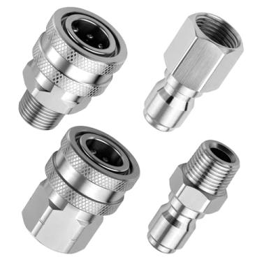 Imagem de Senlinyu Kit de conexão rápida para lavadora de pressão de aço inoxidável de 9,5 mm - Conjunto de adaptadores de 4 peças com rosca NPT, acoplador de alta pressão para mangueira, bocal, limpador de