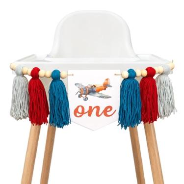 Imagem de Banner de cadeira alta de avião - Banner de cadeira alta How Time Flies, decoração de primeiro aniversário Up and Away borla para festa, bolo esmagado, adereços de foto