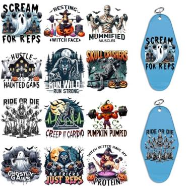 Imagem de Adesivos UV DTF de Halloween - 24 folhas de adesivos de transferência fria de Halloween para chaveiros de motel, envoltórios Uvdtf DIY para chaveiro de hotel em branco, esfregar à prova d'água para