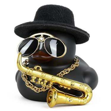 Imagem de Ornamento de pato de borracha para carro, pato de borracha preta com mini chapéu, óculos de sol, colar de ouro, saxofone e som estridente para acessórios de carro, decoração de mesa de escritório em
