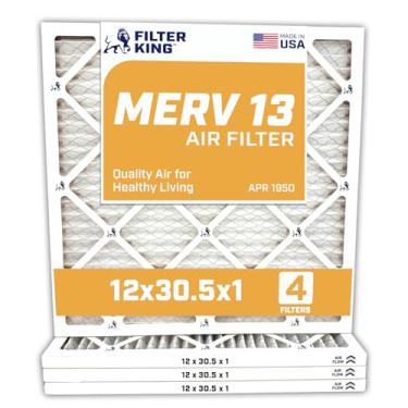 Imagem de Filter King Filtro de ar 30 x 30,5 x 1 | Pacote com 4 | Filtros de forno A/C plissados MERV 13 HVAC | Feito nos EUA | Tamanho real: 30,5 x 30,5 x 1,90 cm