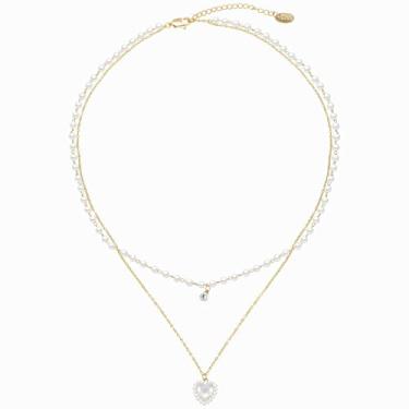 Imagem de Colar de pérolas douradas com pingente em forma de coração e detalhes de cristal, corrente dupla ajustável, caixa transparente incluída para dar de presente