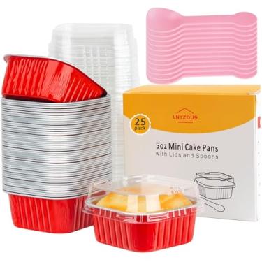 Imagem de LNYZQUS Mini assadeiras de 142 g com tampas, pacote com 25, copos de cupcake de alumínio, recipientes quadrados para muffins de alumínio, ramequins descartáveis, pequenos suportes de lata de brownie