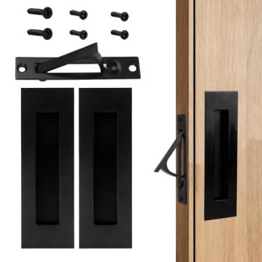 Imagem de Conjunto de Ferragens para Portas Correr Embutidas, Incluindo 2 Puxadores Embutidos de Aço Inoxidável e 1 Puxador Borda Retangular para Portas Correr Estilo Celeiro (Preto)
