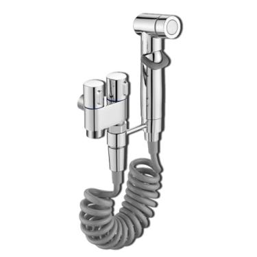 Imagem de Conjunto de Pistola de Alta Pressão para Banheiro Ducha Higiênica 1/4 Volta- Duas Saídas com Torneiras de Cobre, para Limpeza de Vaso Sanitário/Lavadora/Ralo (Cinza/Prata) (Prateado)