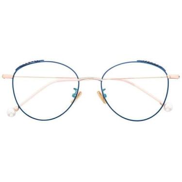 Imagem de Armação Óculos Grau Feminina Redonda Pérola Azul Metal - Shark Óculos